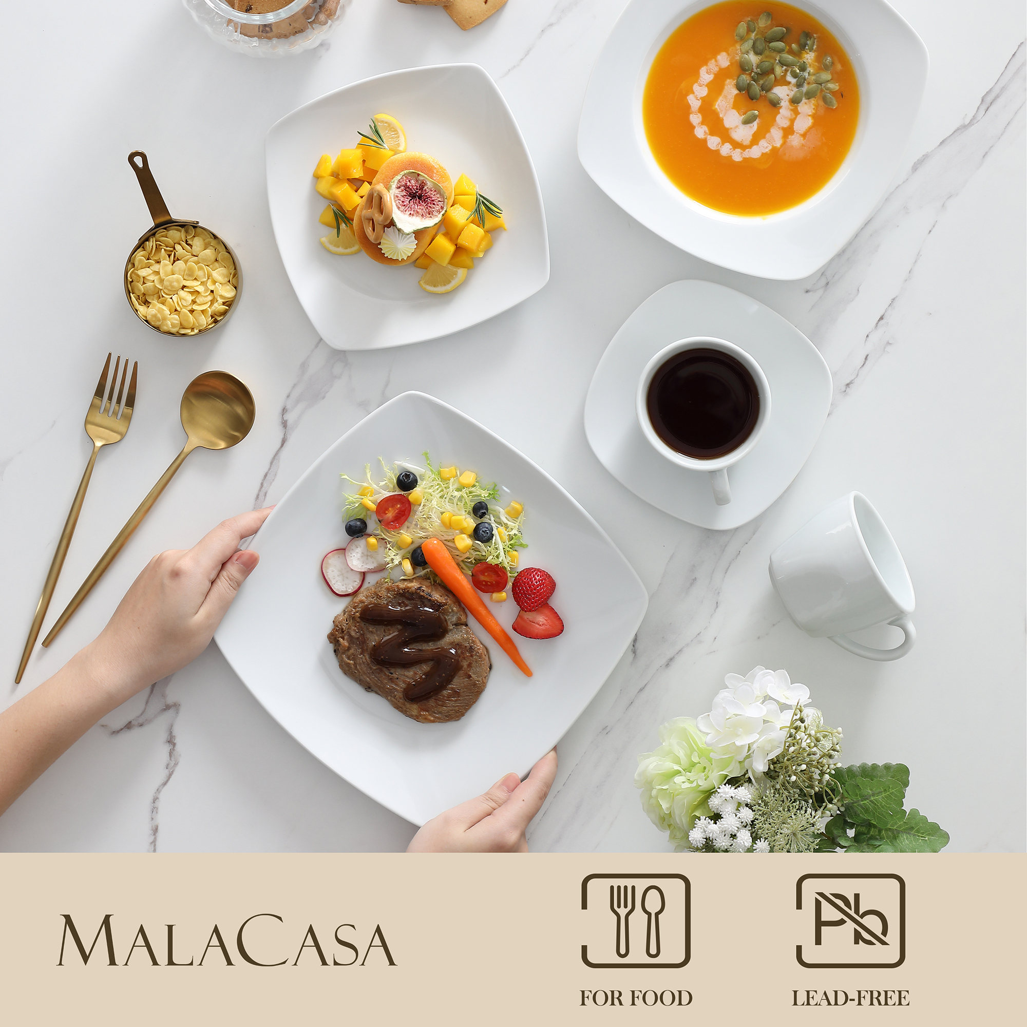 MALACASA, Series JULIA, 60-Piece Porcelain Dinner Set, Ivory White  Dinnerware Set, Service for 12